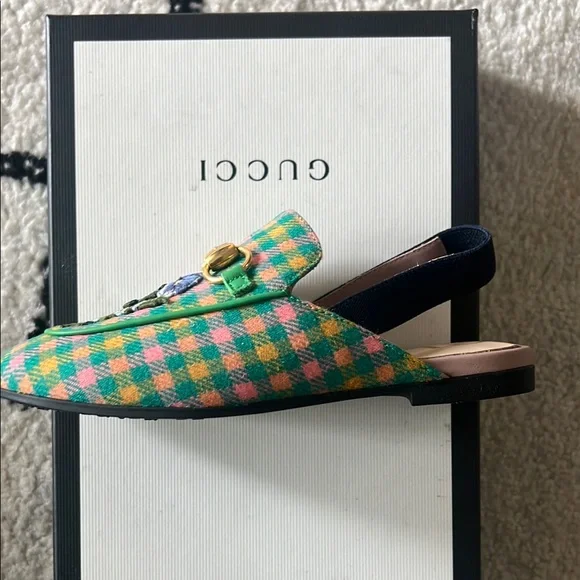 Girls Gucci Floral Embroidered Loafers - Green and Pink